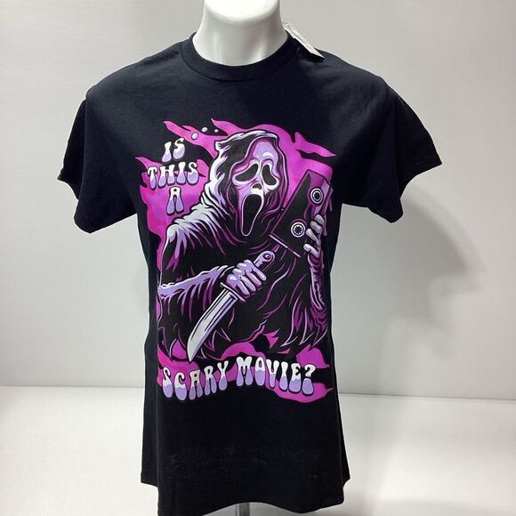 Ghost Face Halloween Graphic T-Shirt Spencer's Tee NWT Size S/P Black - Picture 1 of 7